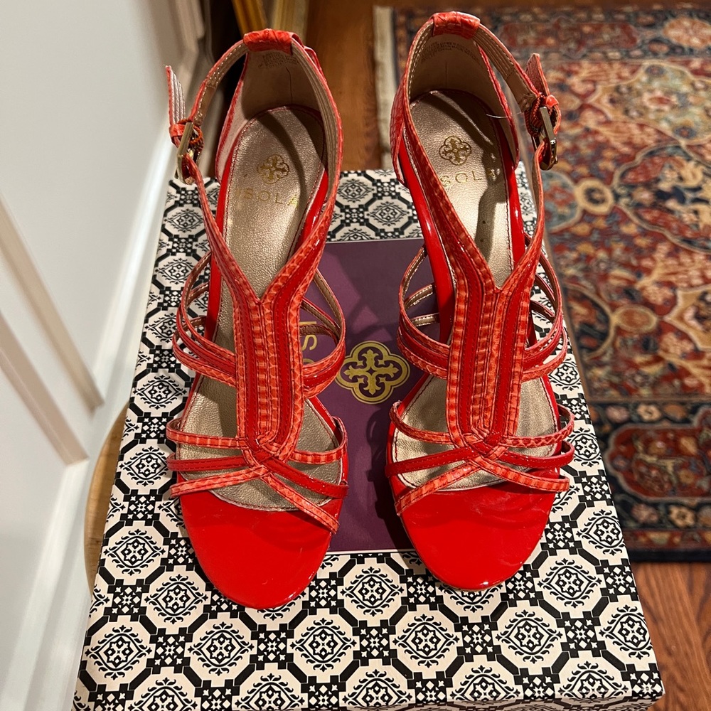 Isola Irela Orange Python Print Gold Metallic Strappy Sandal size 7 Women Shoes